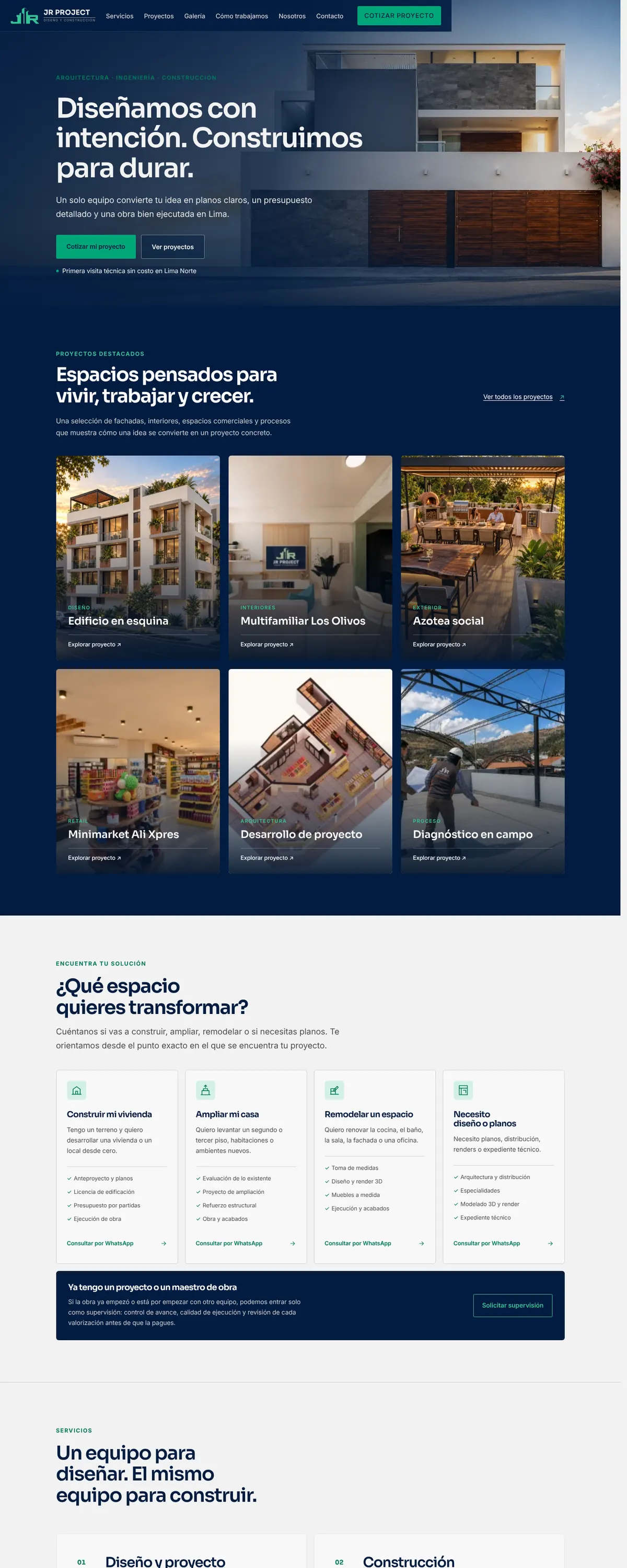 Sitio de JR Project: portada con una casa moderna y el titular «Diseñamos con intención. Construimos para durar», seguida de una galería de proyectos y la sección de servicios.